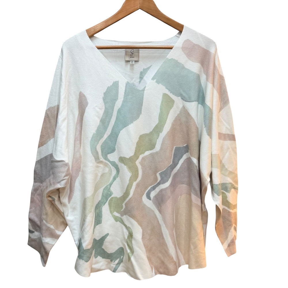 Sioni Sweater Women 2X Multicolor Abstract Watercolor V-Neck Dolman Knit Top